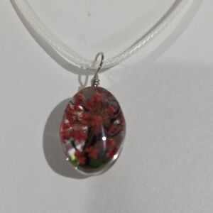 Oval-Shape Resin Red Floral Tree Pendant Necklace 18" White Cord Fashion Jewelry
